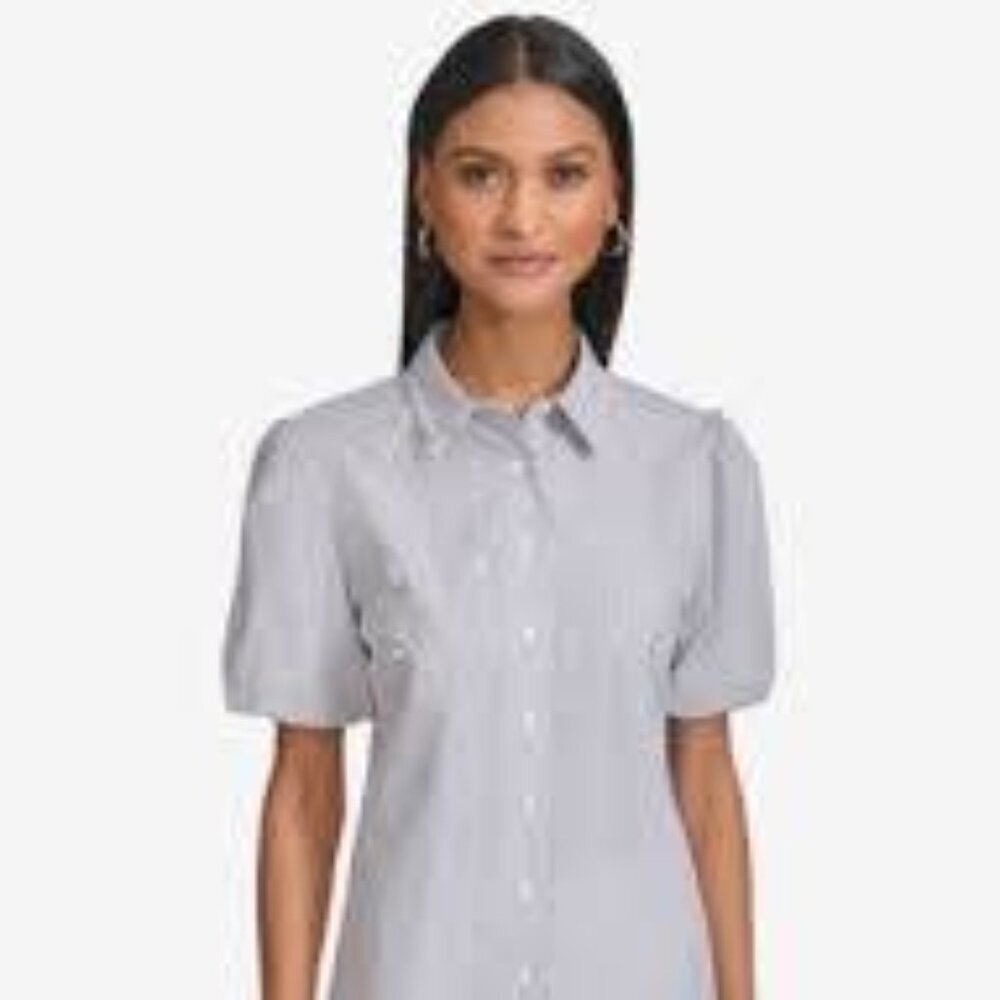 NWT KARL LAGERFELD PARIS Women's Beaded Puff-Sleeve Cotton Shirt Size L